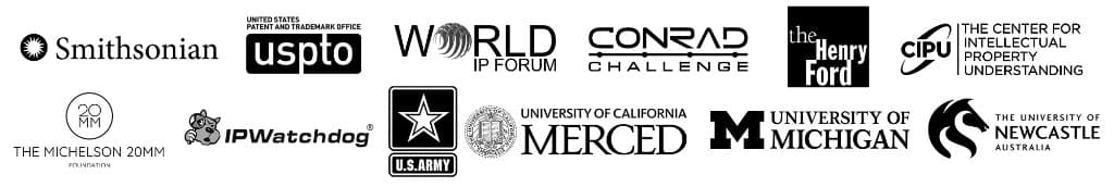 Logos of organizations inventRight has worked with, including Smithsonian, USPTO, U.S. Army, and various universities like Michigan and California Merced